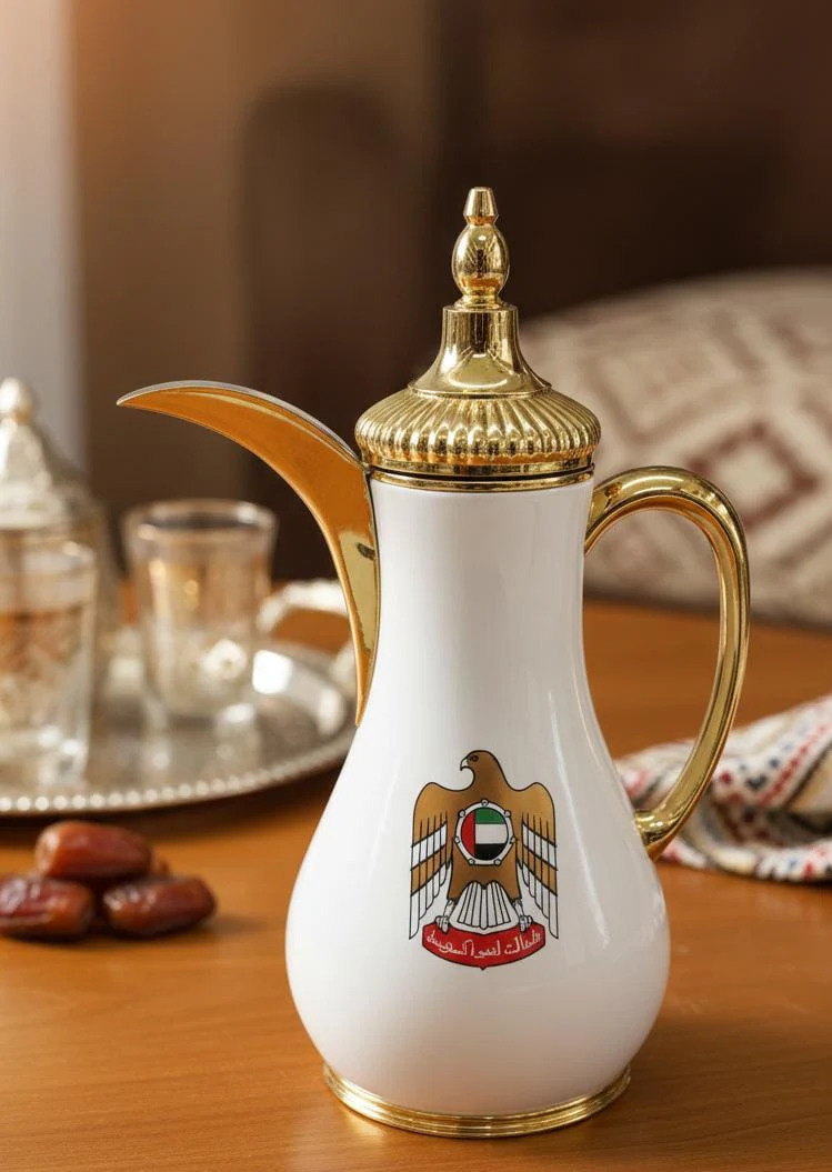Mydot Premium Vacuum Flask 1L – Classic White with Royal Gold UAE Emblem Artwork - Image 2
