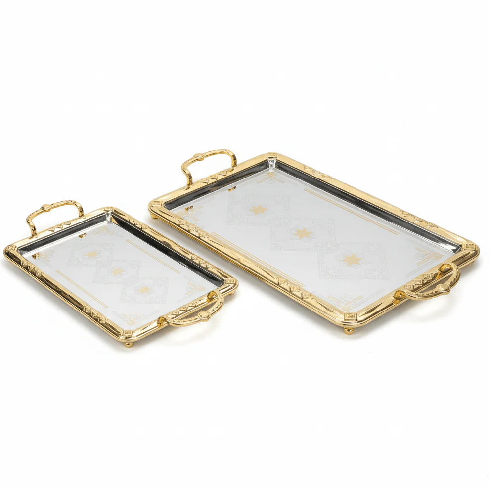 Najib 2-Piece Rectangular Silver Stainless Steel Serving Tray Set with Golden Handles, Decorative Food Tea & Beverage Serving Platters for Home Kitchen & Dining – 35 x 24 cm, 42 x 28 cm