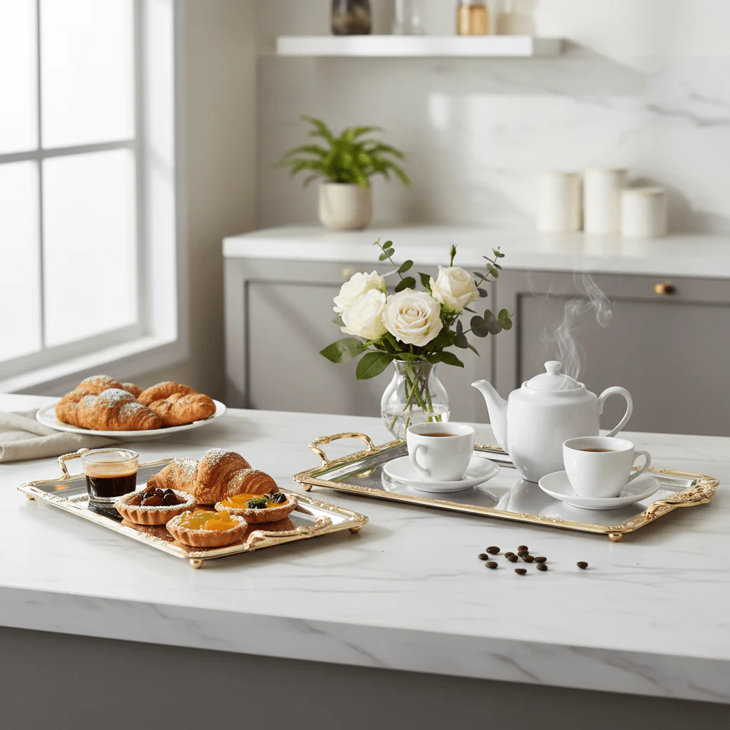 Najib 2-Piece Rectangular Silver Stainless Steel Serving Tray Set with Golden Handles, Decorative Food Tea & Beverage Serving Platters for Home Kitchen & Dining – 35 x 24 cm, 42 x 28 cm - Image 2