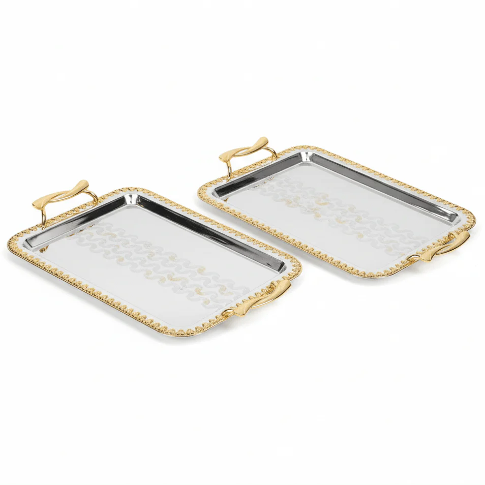 Najib 2-Piece Silver Rectangular Stainless Steel Serving Tray Set with Stylish Golden Handles, Multipurpose Serving Platters for Food Drinks Tea & Coffee – 33 x 24 cm, 40 x 28 cm