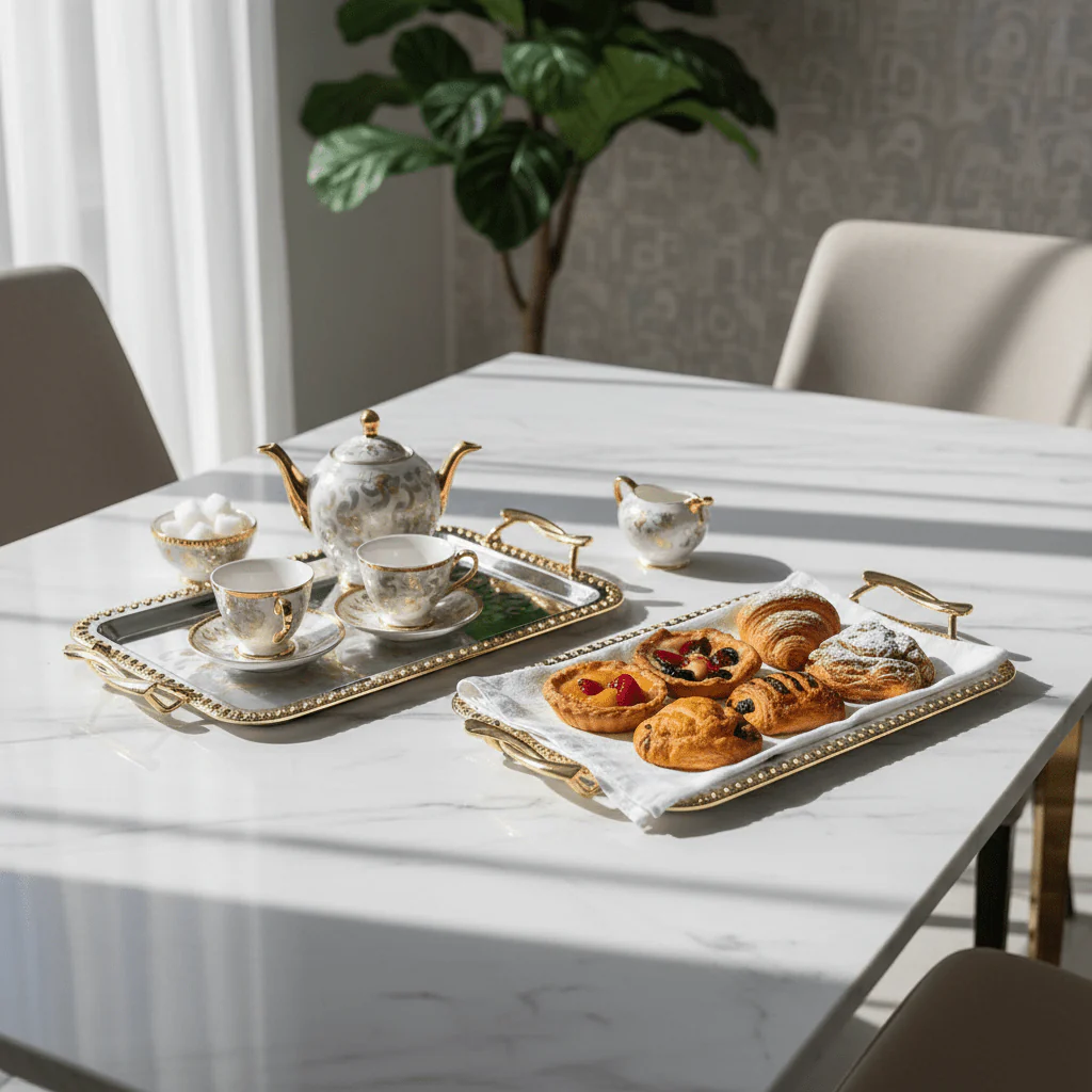 Najib 2-Piece Silver Rectangular Stainless Steel Serving Tray Set with Stylish Golden Handles, Multipurpose Serving Platters for Food Drinks Tea & Coffee – 33 x 24 cm, 40 x 28 cm - Image 2
