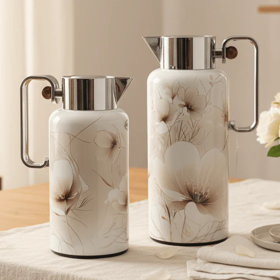 Najib Classic Floral Series 2-Piece Vacuum Flask Set (0.8 Liter / 1 Liter) – Durable Insulated Flasks in White with Silver Trim and Subtle White Floral Pattern – Design 3 - Image 2