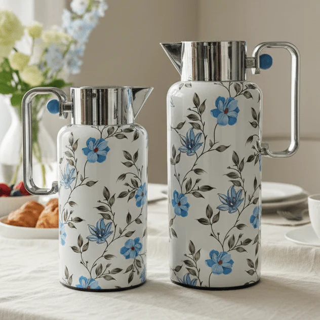 Najib Elegant Blue Floral Insulated Vacuum Flask Duo (0.8L & 1L) – White and Silver Body with Sophisticated Blue Flower Pattern, Long-Lasting Temperature Retention – Design 5 - Image 2
