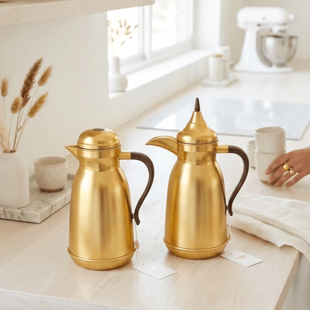 Najib Gold Finish Vacuum Flask with Brown Handle Grip Stylish and Functional Thermal Container 1+1 Liter - Image 2