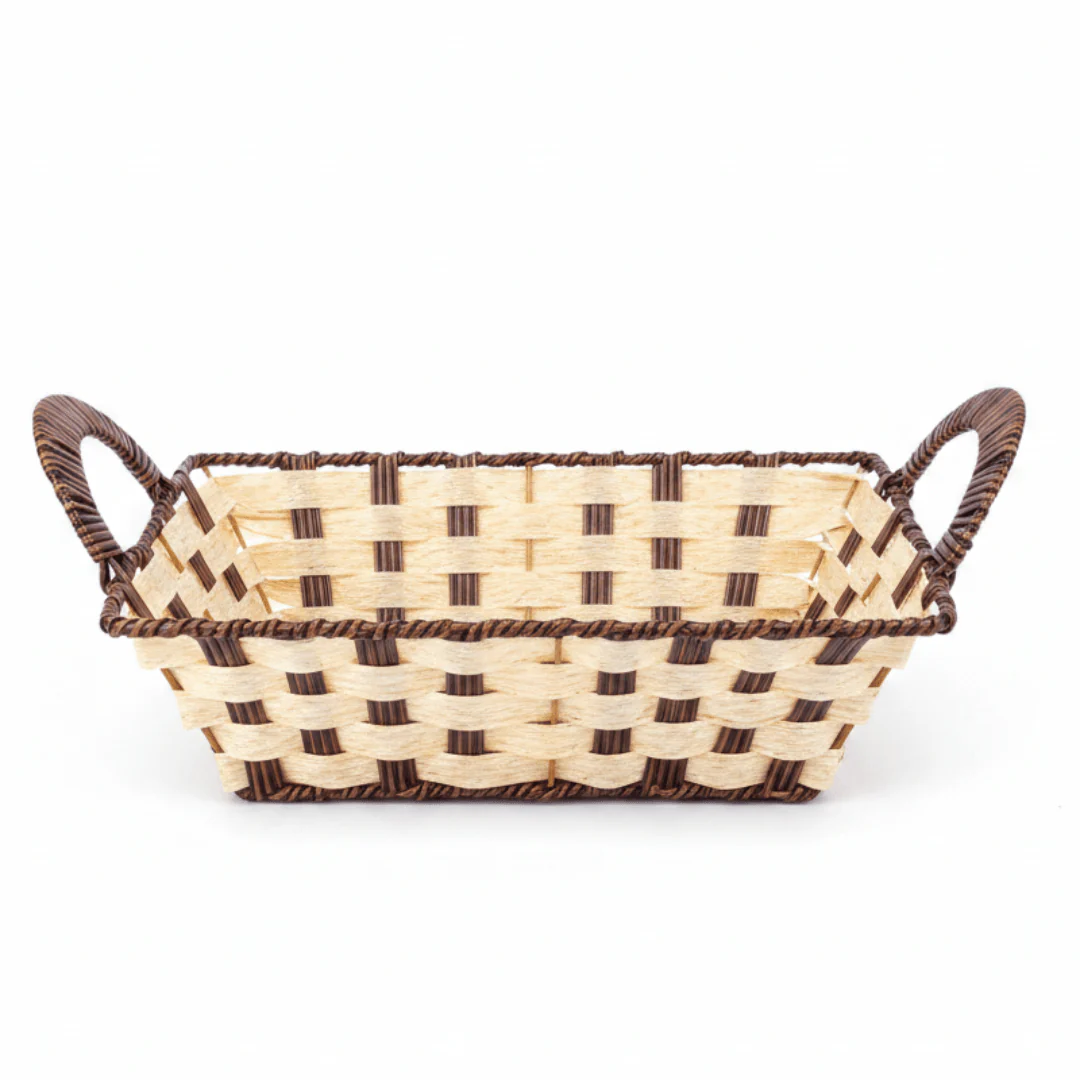 Natural Cream & Brown Woven Rectangular Rattan Organizer Basket with Strong Carry Handle for Home Décor and Storage 29×23 cm