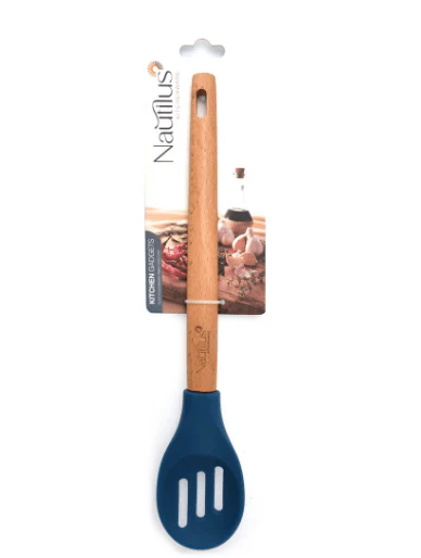 Nautilus Beech Wood Handle Silicone Slotted Spoon- 29.9X5.8X1.6Cm-Blue/Wooden