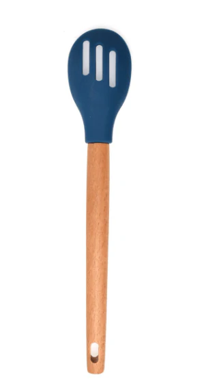 Nautilus Beech Wood Handle Silicone Slotted Spoon- 29.9X5.8X1.6Cm-Blue/Wooden - Image 2