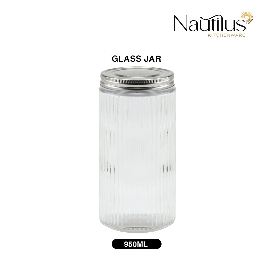 Nautilus Ribbed Glass Jar 950ml Glass, Non-Toxic and Food-Safe Material, Dishwasher Safe ,With metal lid - Clear