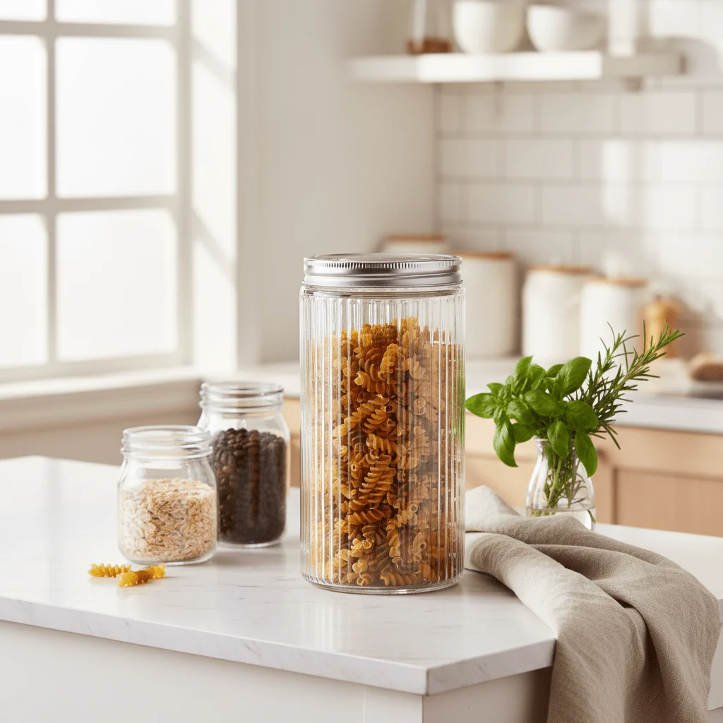 Nautilus Ribbed Glass Jar 950ml Glass, Non-Toxic and Food-Safe Material, Dishwasher Safe ,With metal lid - Clear - Image 2