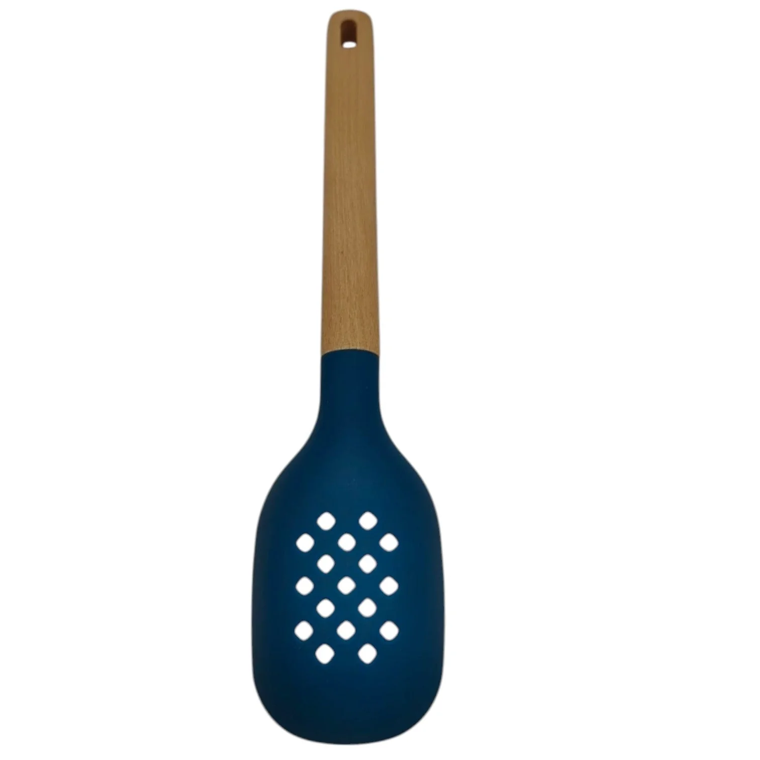 Nautilus Silicone Slotted Spoon With Wooden Handle-33cmX7cm-Blue&Wooden - Image 3