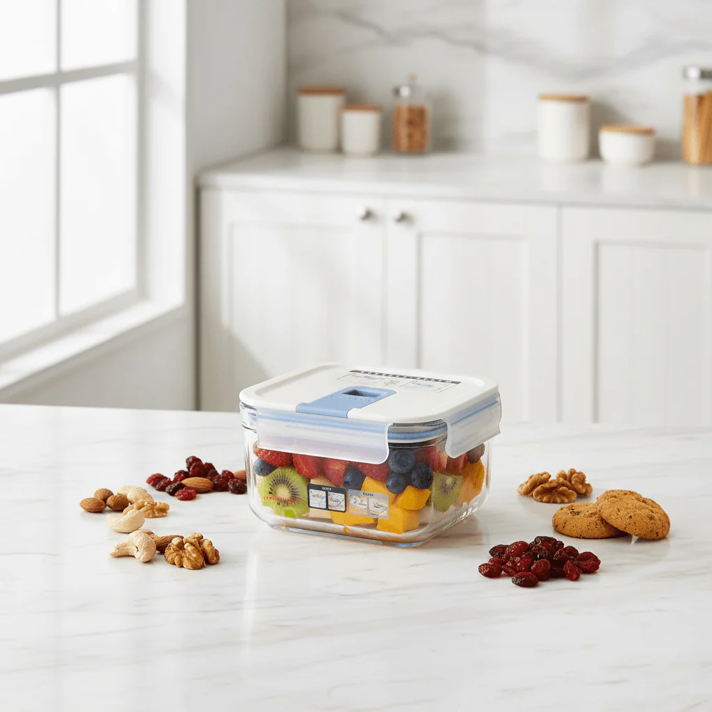 Neoflam Compact Square Glass Food Container with Airtight Plastic Lid – Space-Saving Food Storage for Snacks & Small Portions – 500 ml - Image 2