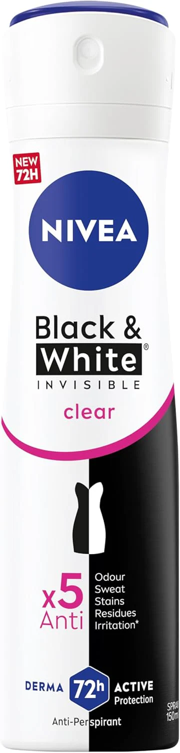 Nivea Black & White Invisible Antiperspirant Deodorant Spray for Women, Clear, 72H Active Protection, 5IN1, Anti-Odour, Sweat, Stains, Residues & Irritation-150ML