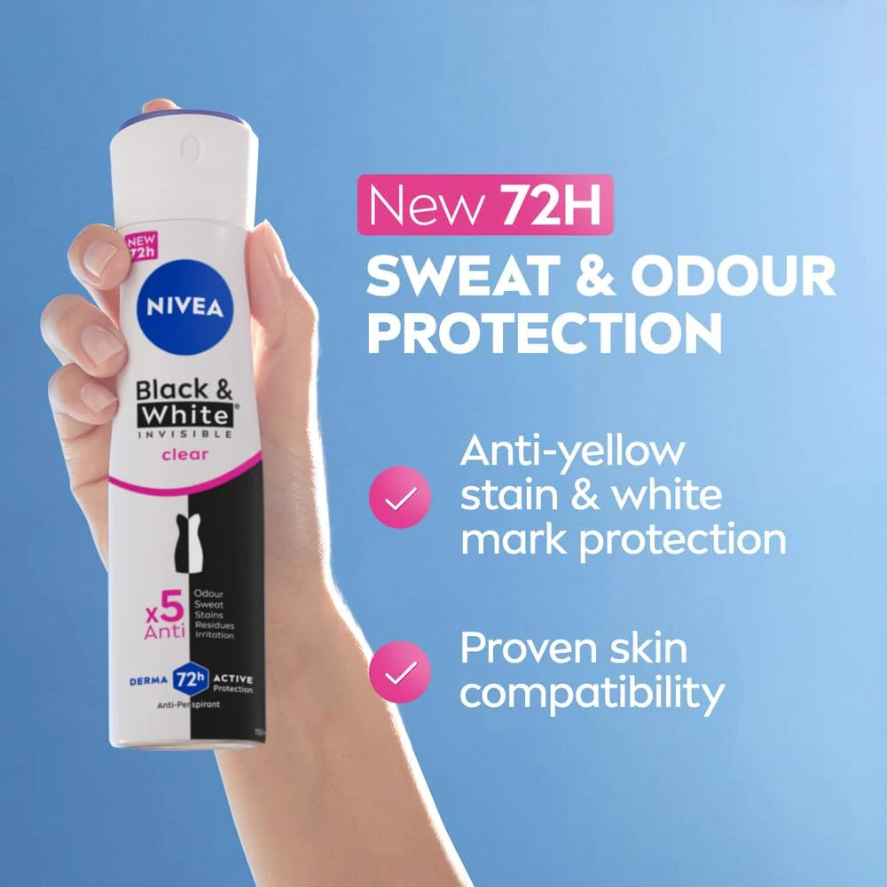 Nivea Black & White Invisible Antiperspirant Deodorant Spray for Women, Clear, 72H Active Protection, 5IN1, Anti-Odour, Sweat, Stains, Residues & Irritation-150ML - Image 2