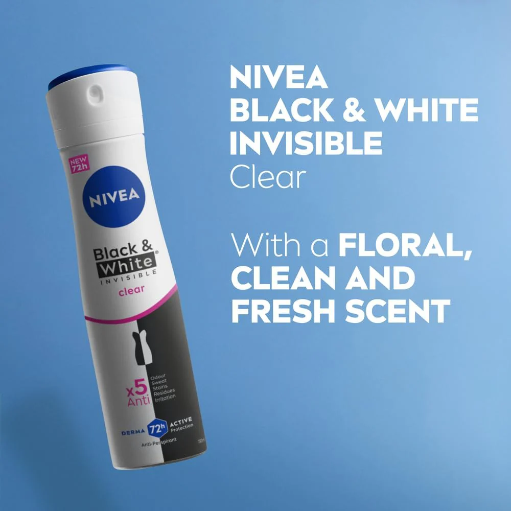 Nivea Black & White Invisible Antiperspirant Deodorant Spray for Women, Clear, 72H Active Protection, 5IN1, Anti-Odour, Sweat, Stains, Residues & Irritation-150ML - Image 6