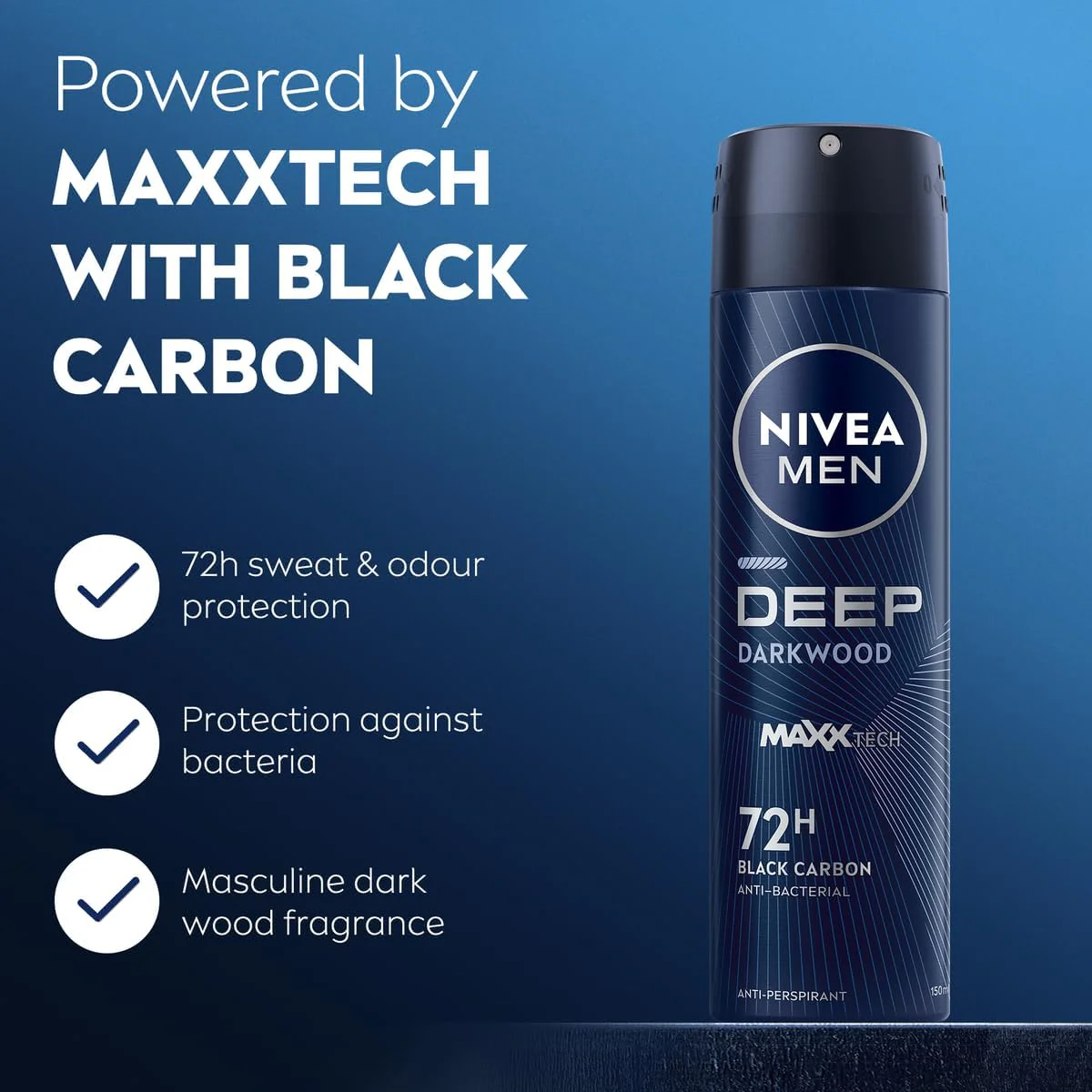 Nivea Men Antiperspirant Spray for Men, 48h Protection, DEEP Black Carbon Antibacterial, Woody Scent-150ML - Image 2