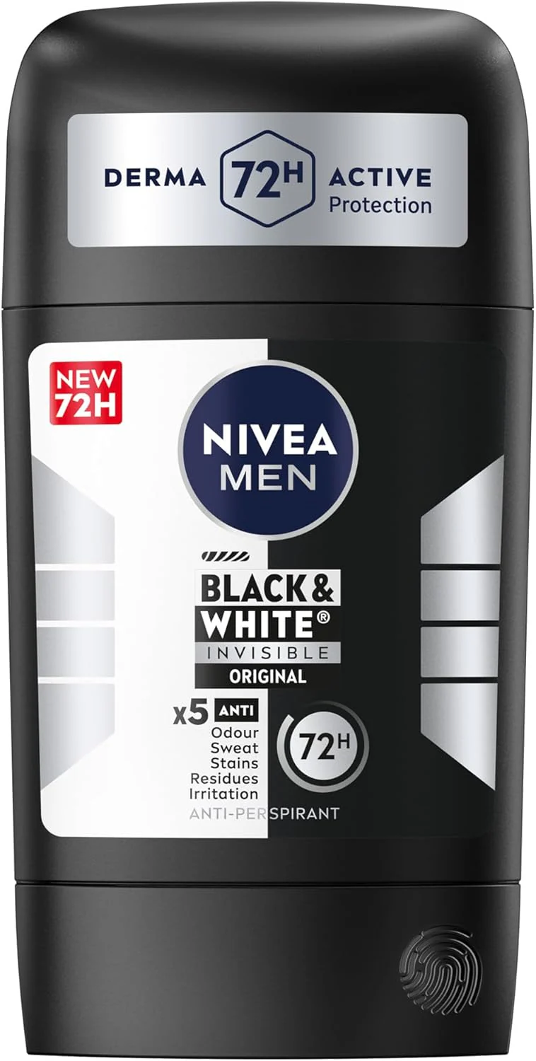 Nivea Men Black & White Invisible Antiperspirant Deodorant Stick, Original, 72H Active Protection, 5IN1, Anti-Odour, Sweat, Stains, Residues & Irritation-50ML