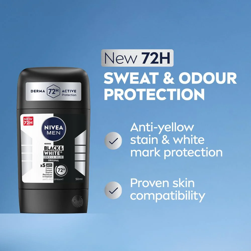 Nivea Men Black & White Invisible Antiperspirant Deodorant Stick, Original, 72H Active Protection, 5IN1, Anti-Odour, Sweat, Stains, Residues & Irritation-50ML - Image 2