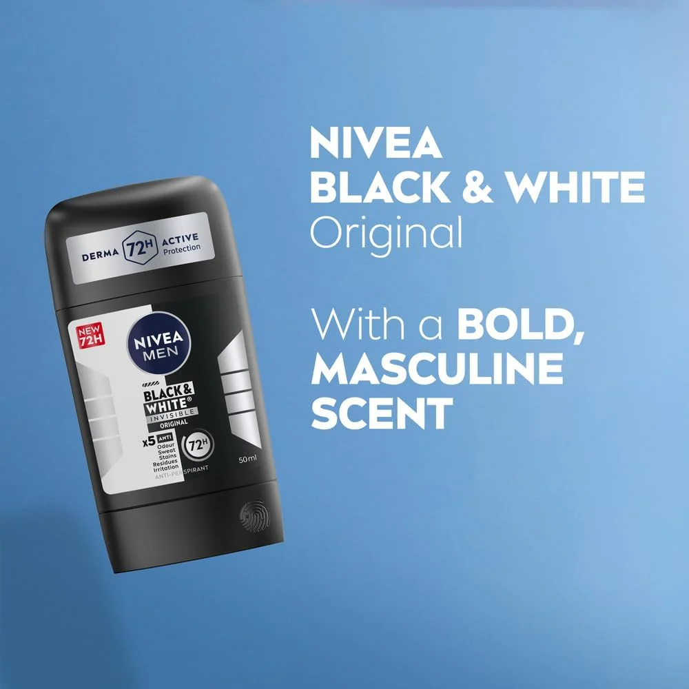 Nivea Men Black & White Invisible Antiperspirant Deodorant Stick, Original, 72H Active Protection, 5IN1, Anti-Odour, Sweat, Stains, Residues & Irritation-50ML - Image 3