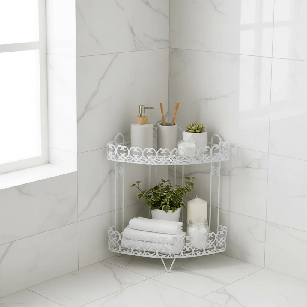 Nordic Style White Metal 2-Tier Kitchen and Bathroom Organizer Rack – 35 cm - Image 2