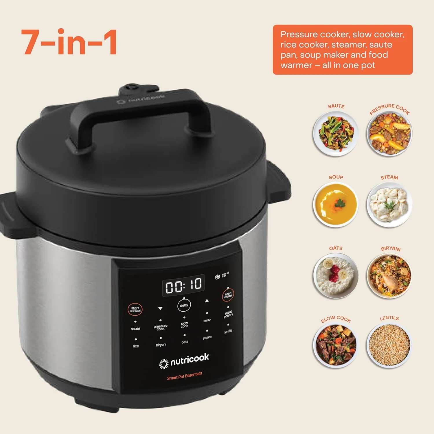 Nutricook Smart Pot Electric Pressure Cooker, 4L Capacity, 900W, 11 Cooking Programs, Dishwasher-Safe, Food-Grade Stainless Steel Pot,Built-in Safety Features,NC-SP150 - Image 3