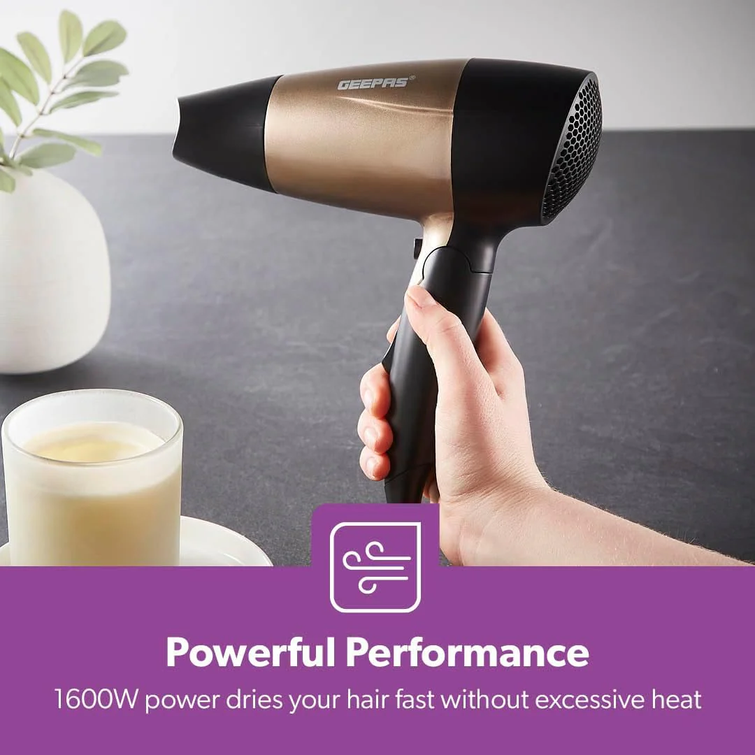 Geepas 1600W Powerful Travel Hair Dryer with Foldable Handle | Fast Drying Result | 2-Speed & 2 Temperature Settings | Cool Shot Function For Frizz Free Shine & Elegant Concentrator - Image 2