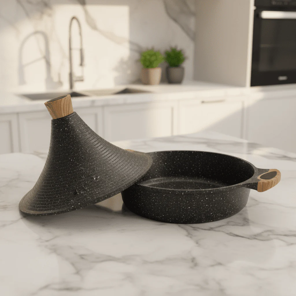 Onhey 28cm Traditional Cooking Tagine with Lid – Heavy-Duty Non-Stick Marble Coating, Black Finish - Image 4