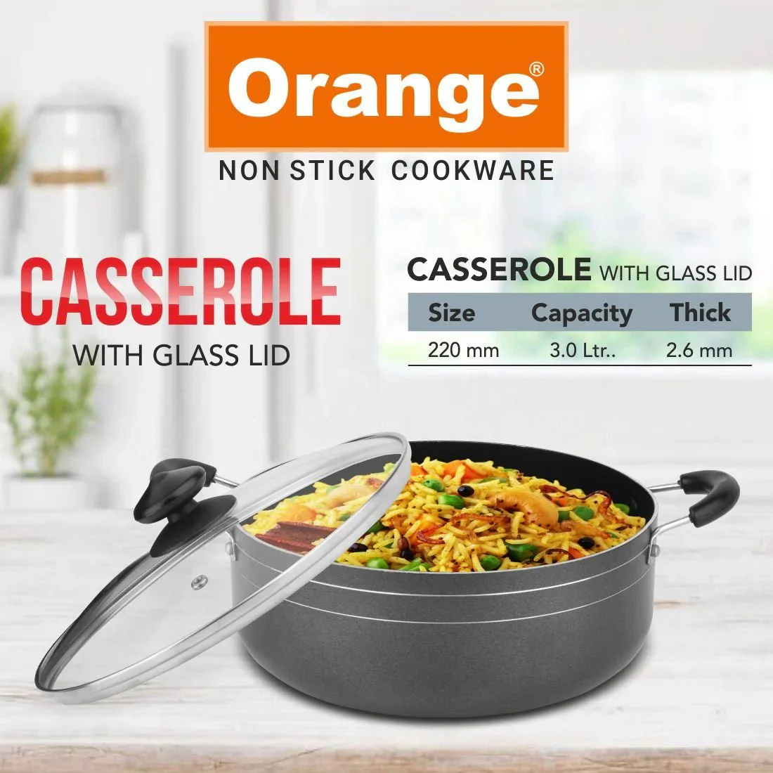 ORANGE Non-Stick Casserole with Glass Lid 22cm - Image 2