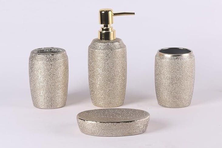 ORCHID 4pcs Ceramic Bathroom Set Shimmer(Soap Dispenser 300ml, Toothbrush Cup, Toothbrush Holder, Soap Dish), Gold