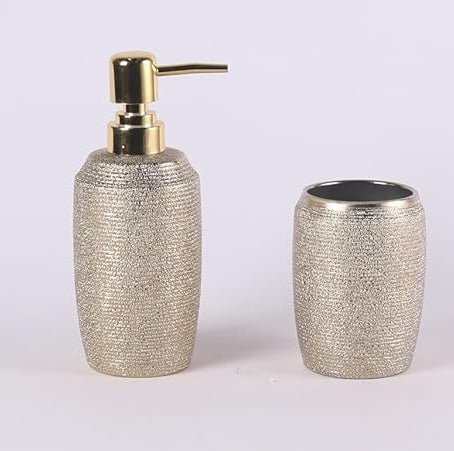 ORCHID 4pcs Ceramic Bathroom Set Shimmer(Soap Dispenser 300ml, Toothbrush Cup, Toothbrush Holder, Soap Dish), Gold - Image 2