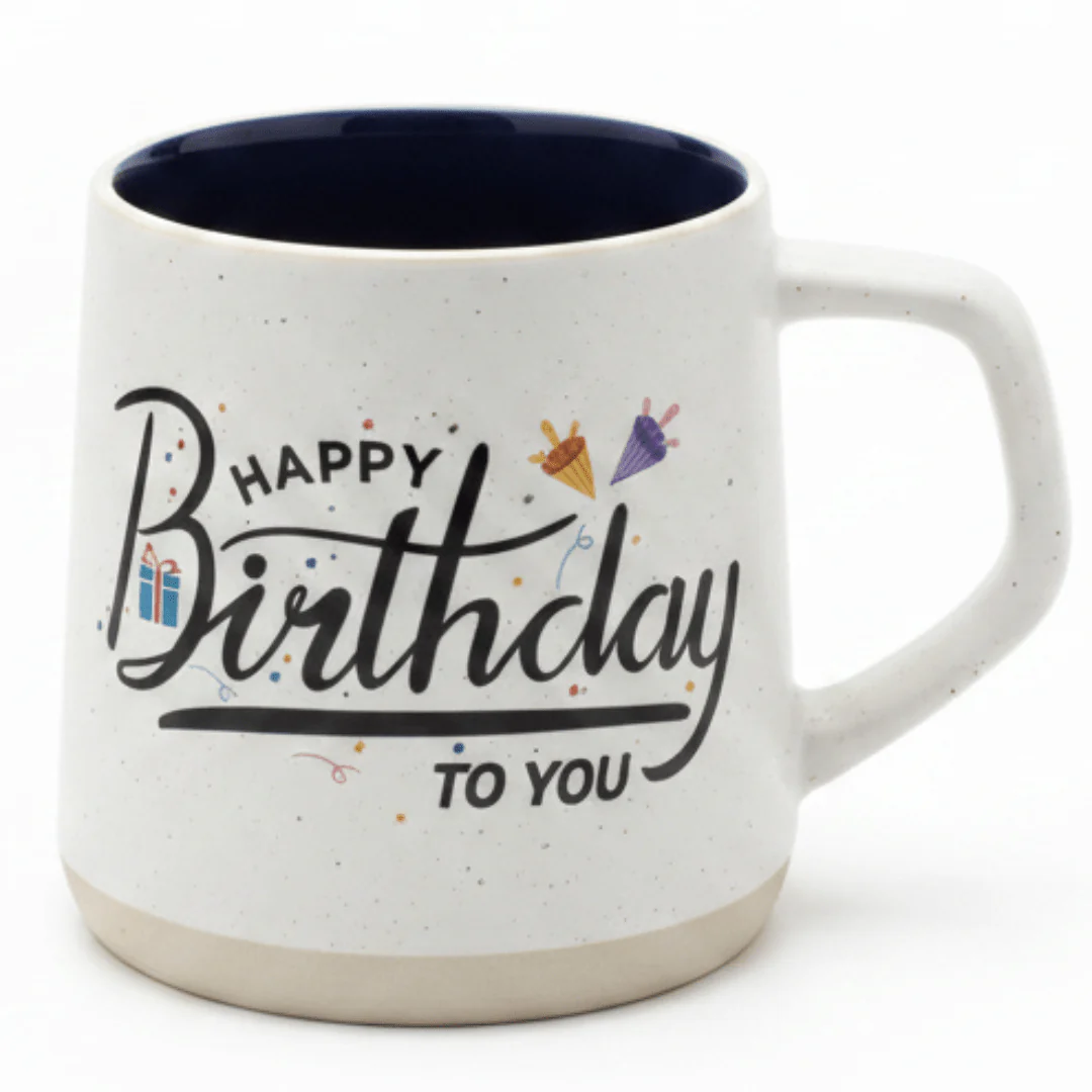 White Orchid Ceramic Mug | Happy Birthday Print | Navy Blue Interior | 400ml