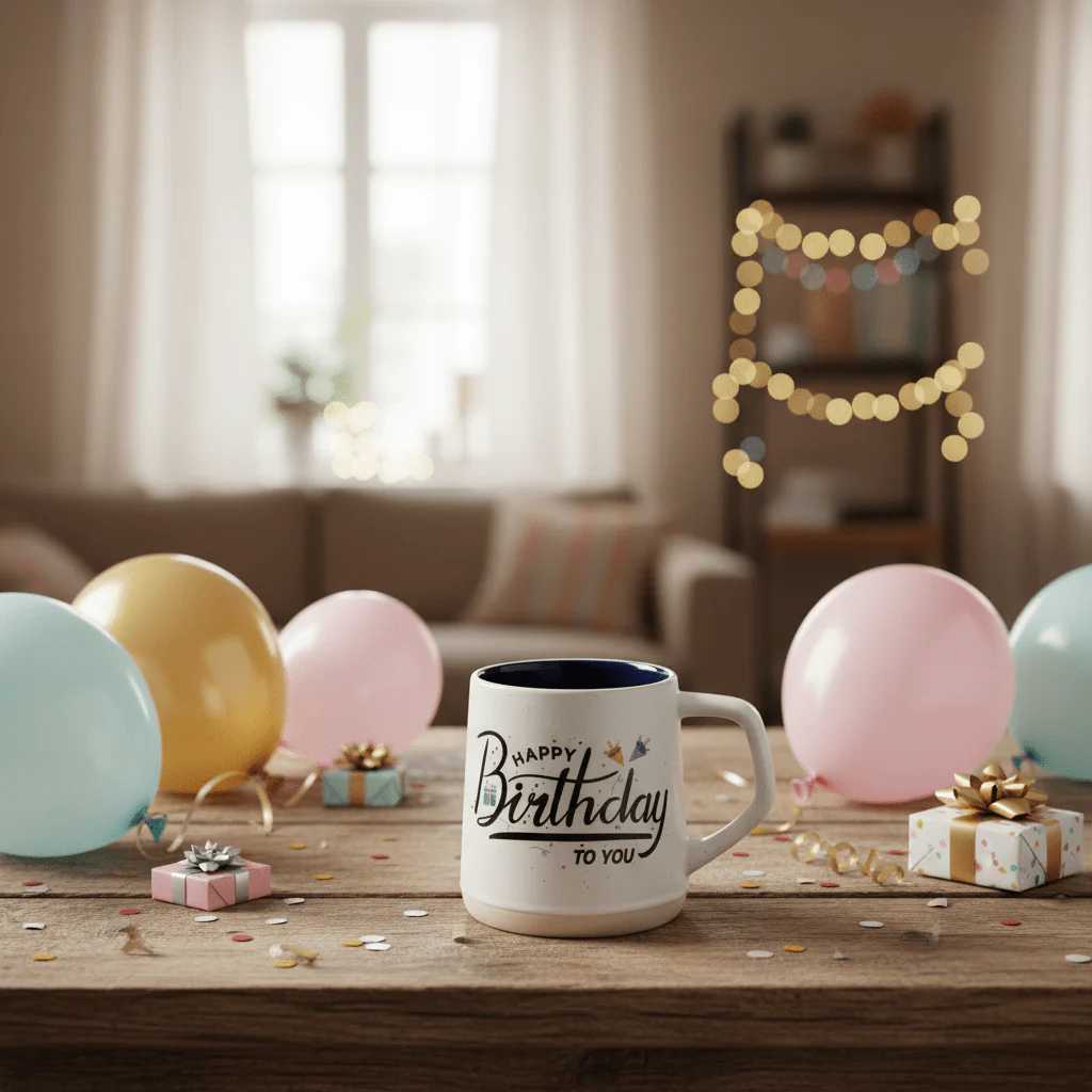 White Orchid Ceramic Mug | Happy Birthday Print | Navy Blue Interior | 400ml - Image 2