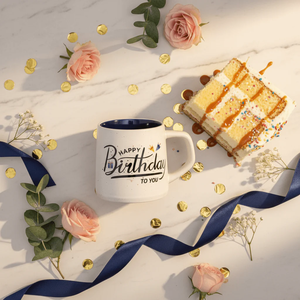 White Orchid Ceramic Mug | Happy Birthday Print | Navy Blue Interior | 400ml - Image 3