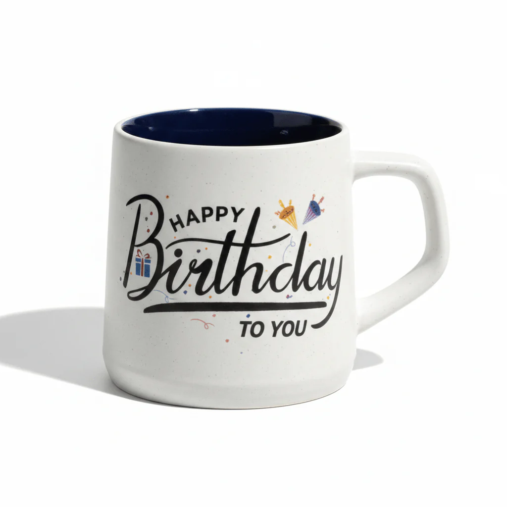 White Orchid Ceramic Mug | Happy Birthday Print | Navy Blue Interior | 400ml - Image 4