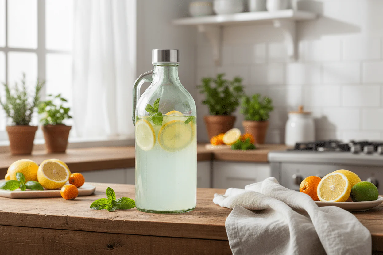 Orchid Artisan Glass Jug Bottle with Handle & Stainless Steel Cap — Pale Aqua-Clear Vintage Design, 1 Litre - Image 2