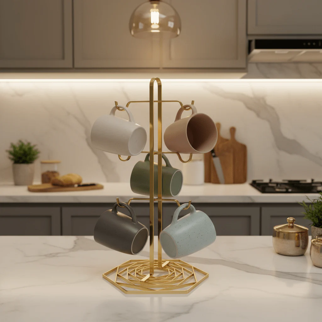 Orchid Luxury Gold Finish Metal Mug Tree Stand for Kitchen Countertop Organization and Display – 30cm - Image 2