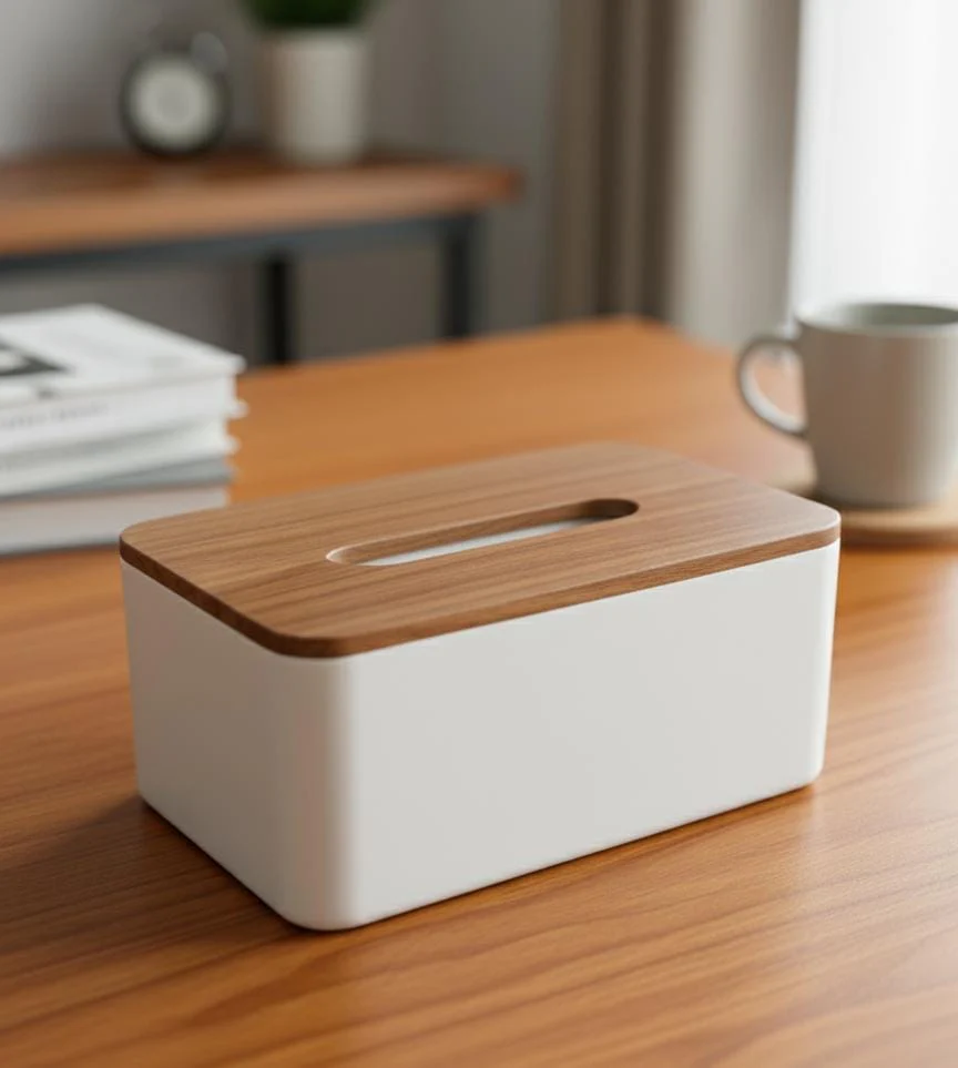 ORCHID Plastic Tissue Box – White Color with Natural Bamboo Lid, Stylish and Functional Organizer for Everyday Use