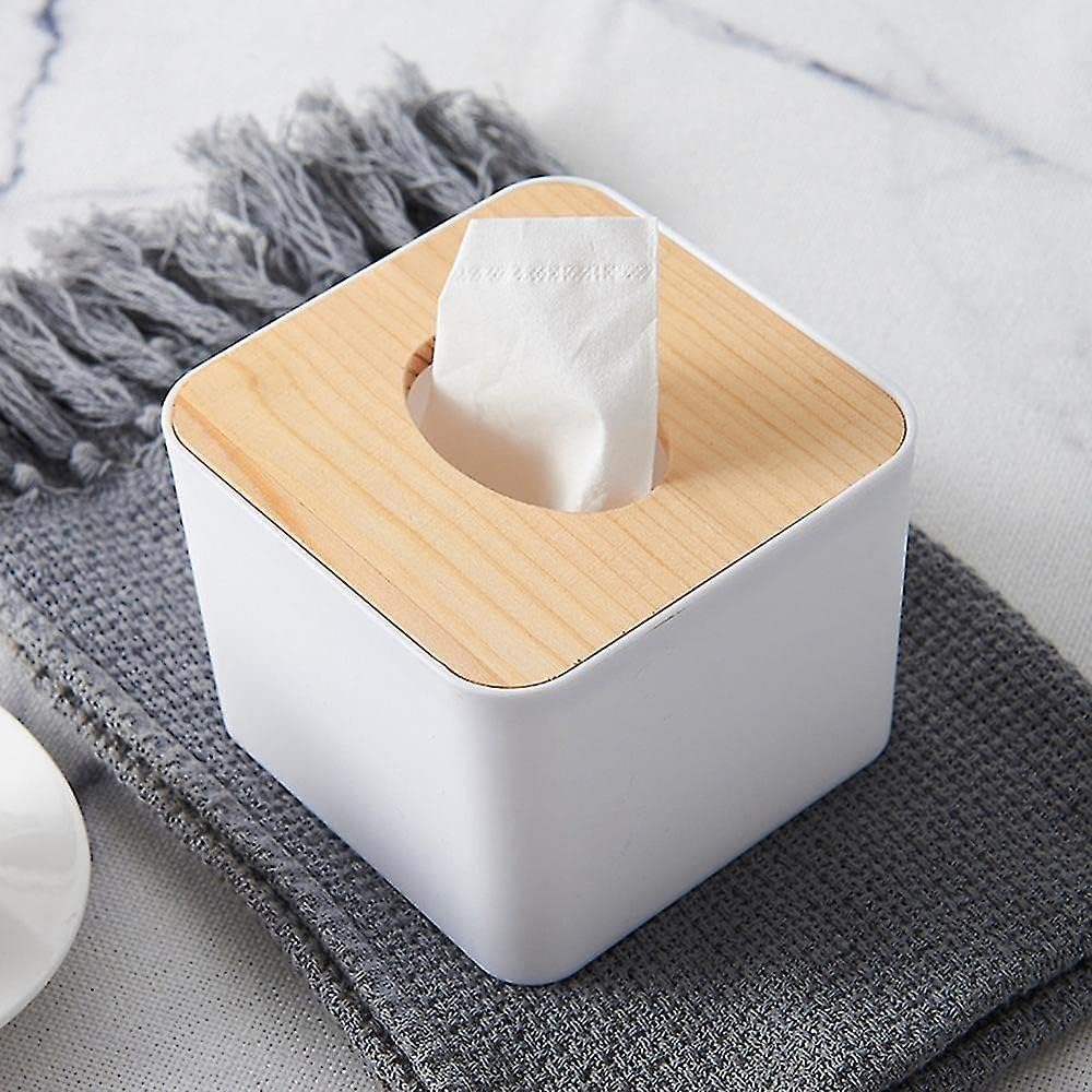 Orchid Square Plastic Tissue Box with Wooden Lid – White - Image 2