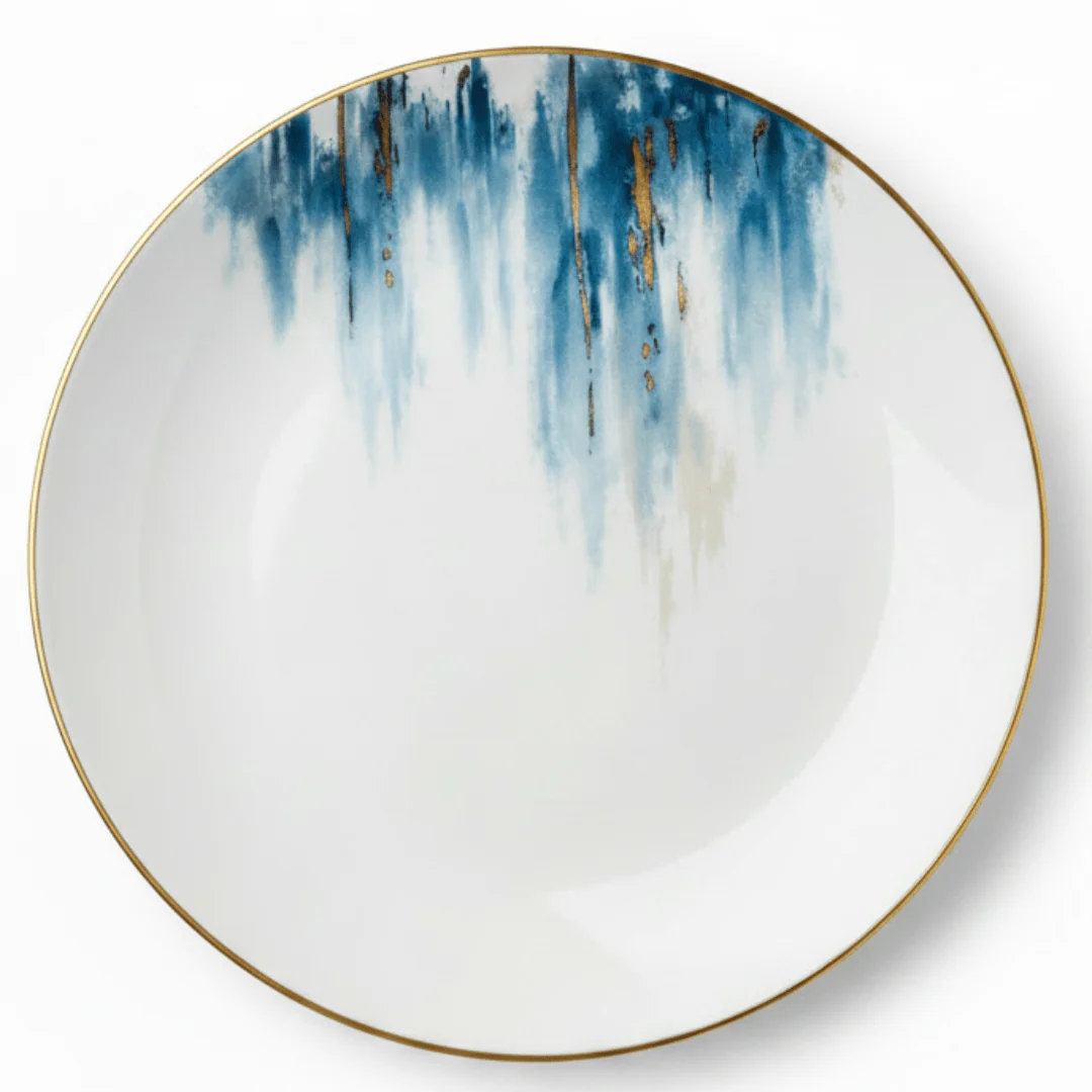 Orchid Ceramic White Round Dessert Plate with Blue & Gold Floral Rim - 8 Inch