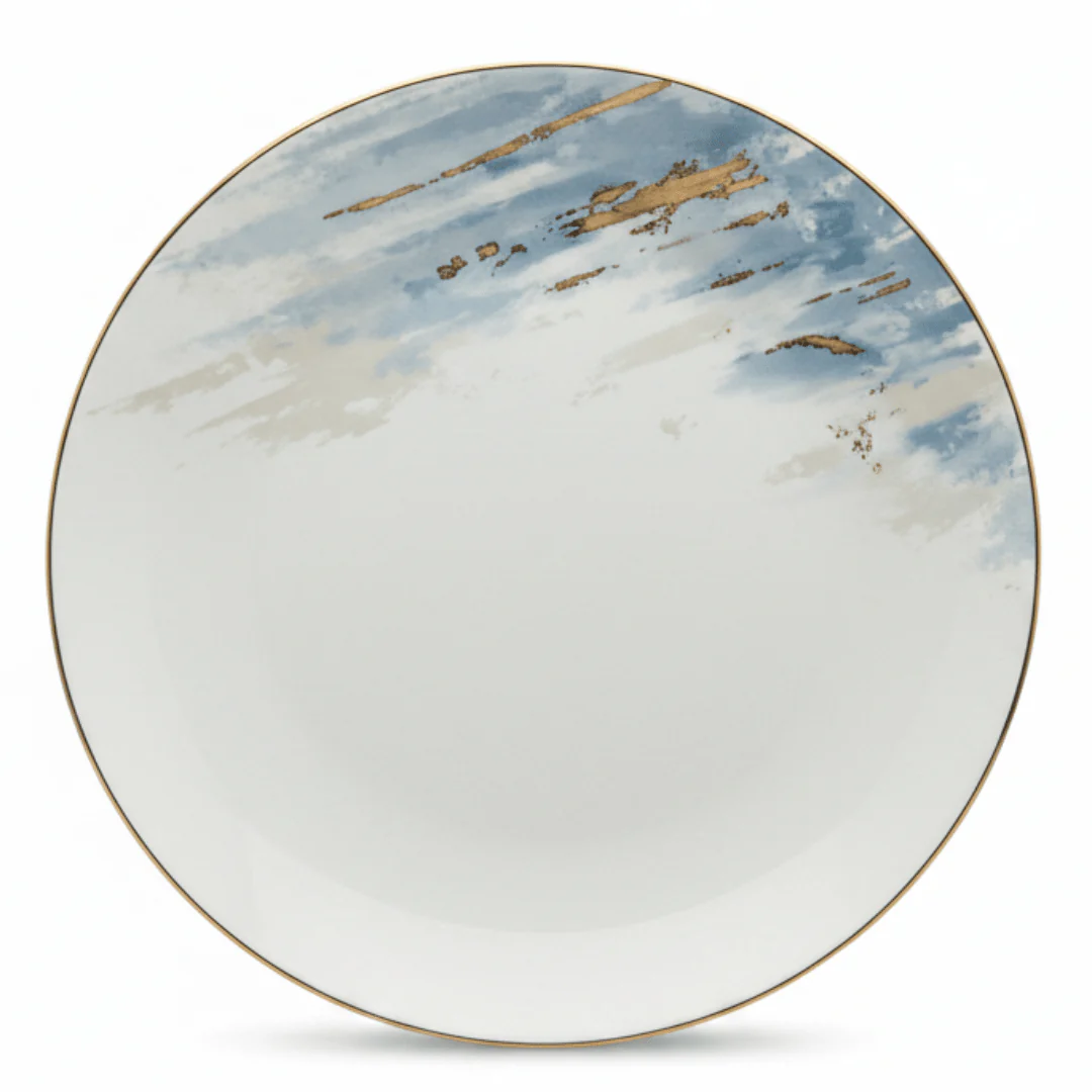 Orchid White Ceramic Round Dinner Plate with Blue & Gold Floral Rim - 10.5 Inch
