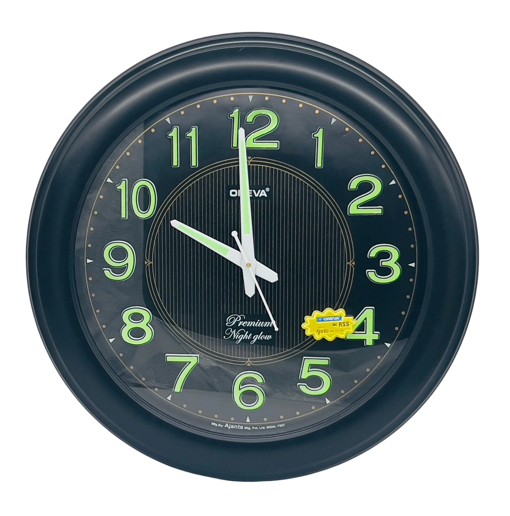 OREVA Round Premium Night Glow Wall Clock 43cm, Black, AQ-7957