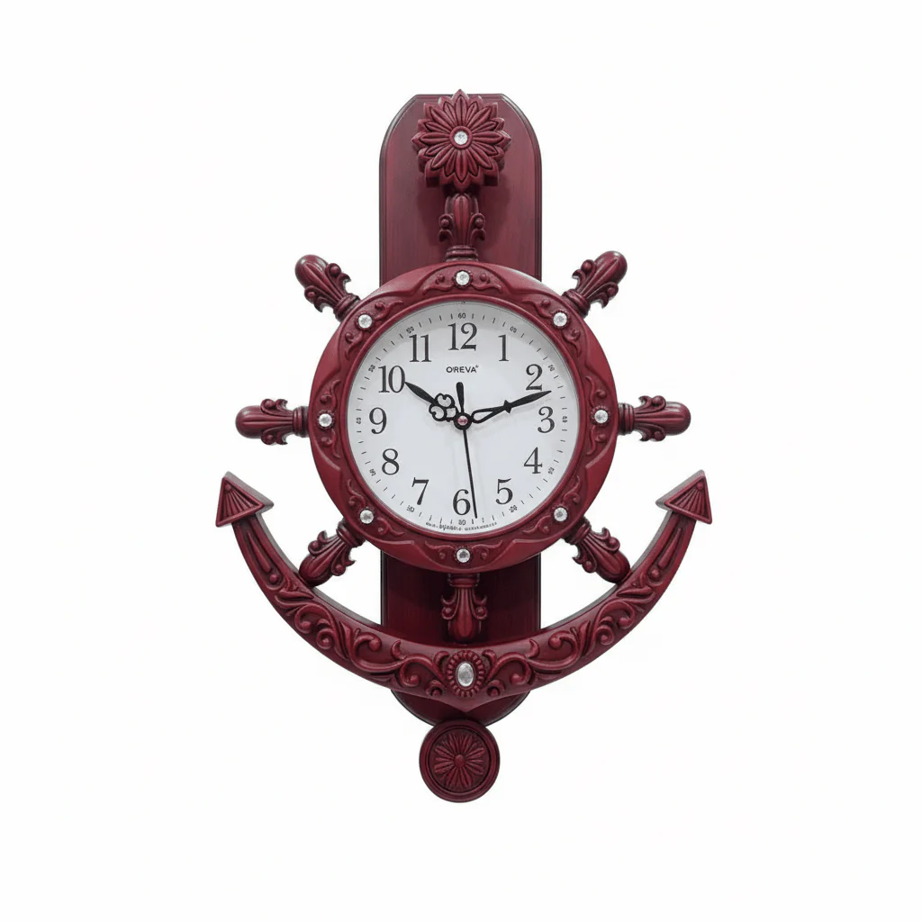 Oreva Decorative Nautical Wall Clock 40×28cm | AQ2327 | Anchor & Ship Wheel Design | Rich Red Wood Finish