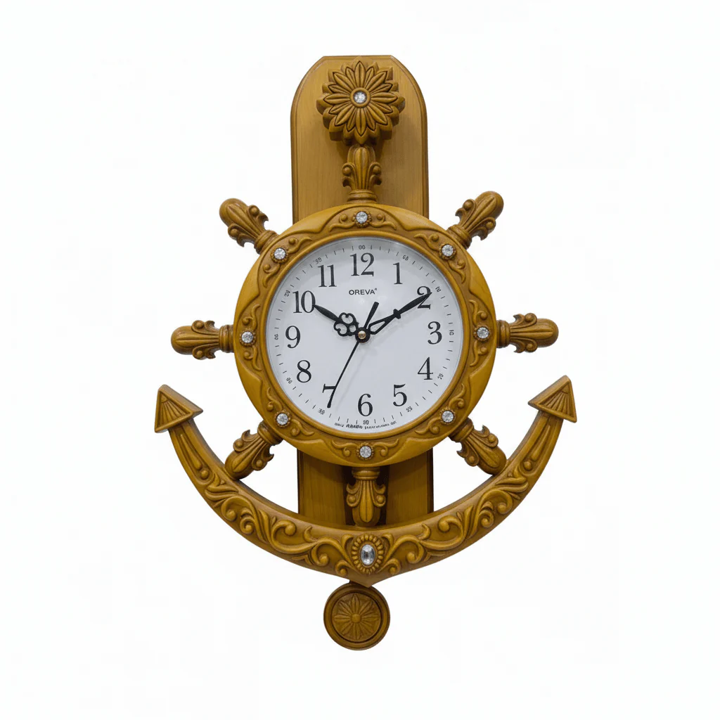 Oreva Decorative Nautical Wall Clock 40×28cm | AQ2327 | Anchor & Ship Wheel Design | Yellow Wood Finish
