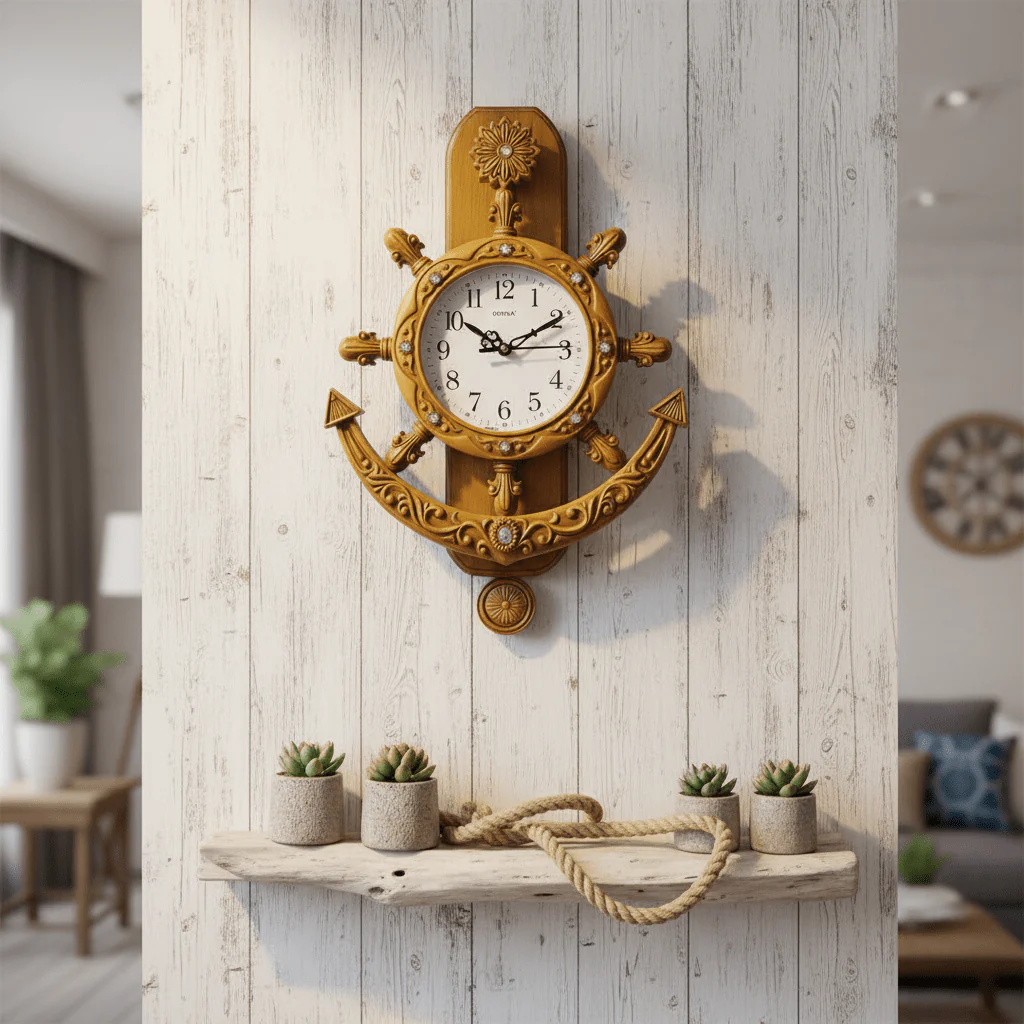 Oreva Decorative Nautical Wall Clock 40×28cm | AQ2327 | Anchor & Ship Wheel Design | Yellow Wood Finish - Image 2
