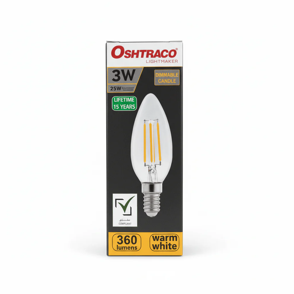Oshtraco E14 LED Candle Bulb Dimmable Filament 3W, Warm White