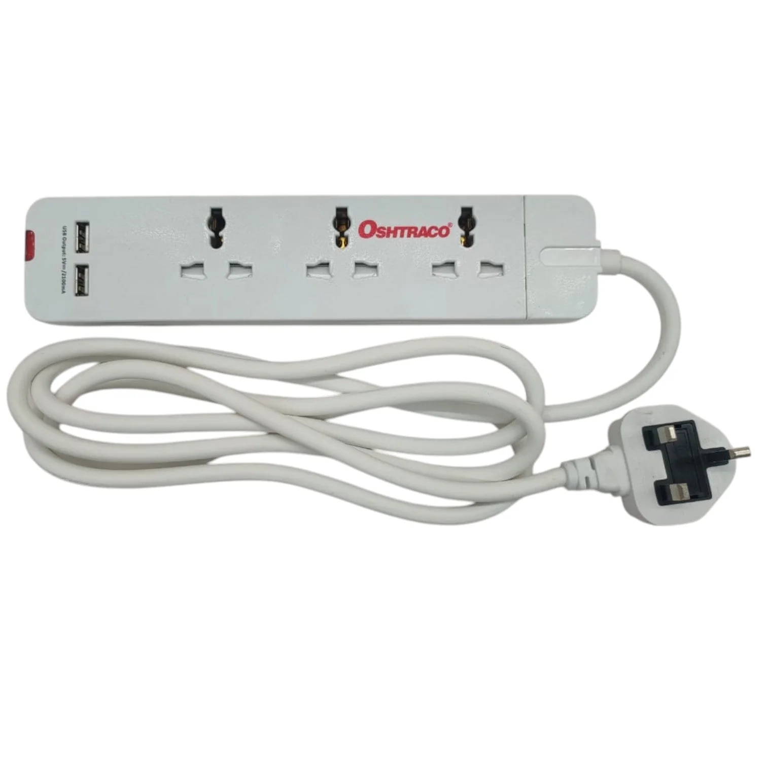 Oshtraco Extension 3 Way Plugging Adaptor with 2 USB Port 2 Meter Cable-White
