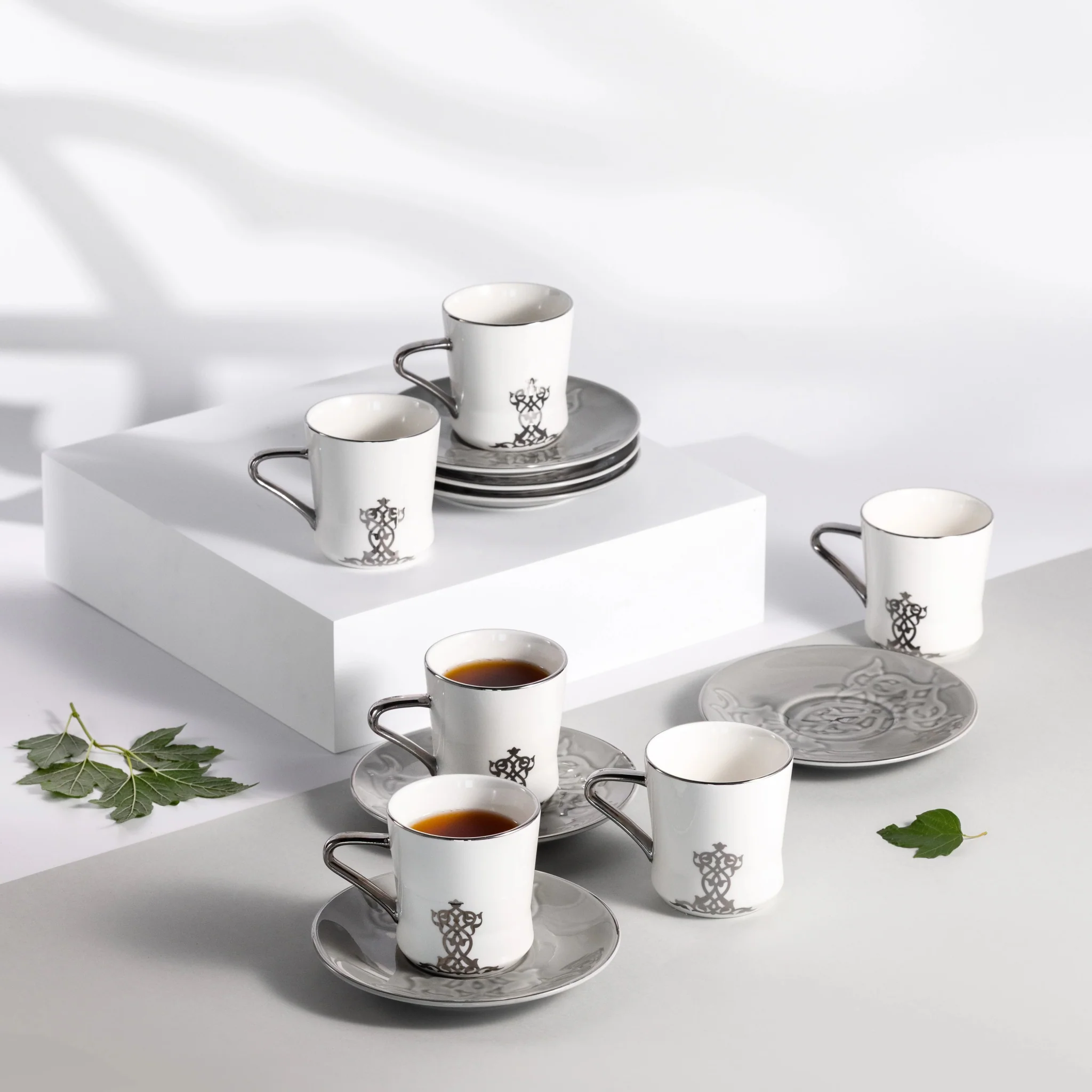 Otantik Naqsh 12pcs Porcelain Tea Set, 6pcs Cups 200ml + 6pcs Saucer, Grey/White/Silver, ET2953