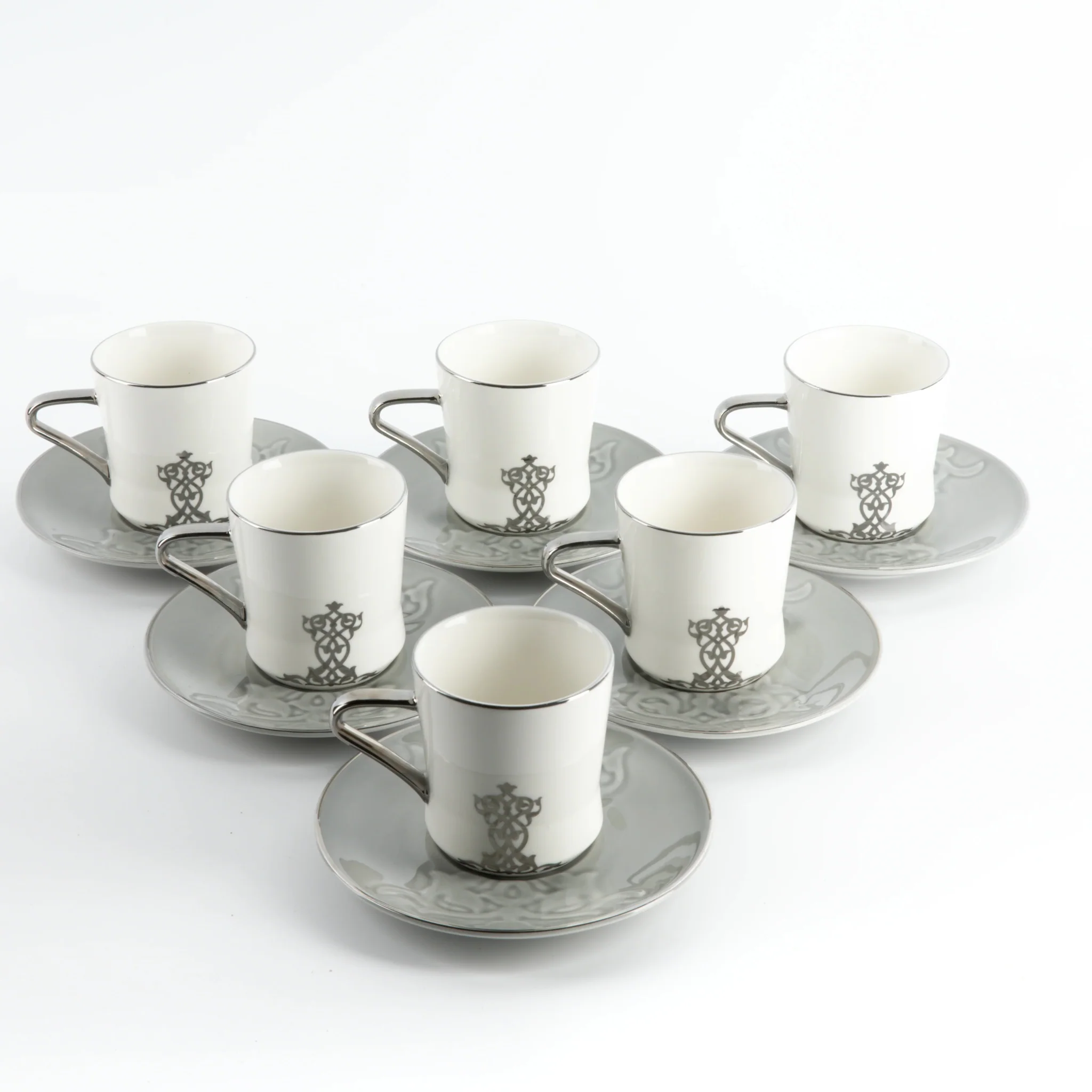 Otantik Naqsh 12pcs Porcelain Tea Set, 6pcs Cups 200ml + 6pcs Saucer, Grey/White/Silver, ET2953 - Image 2