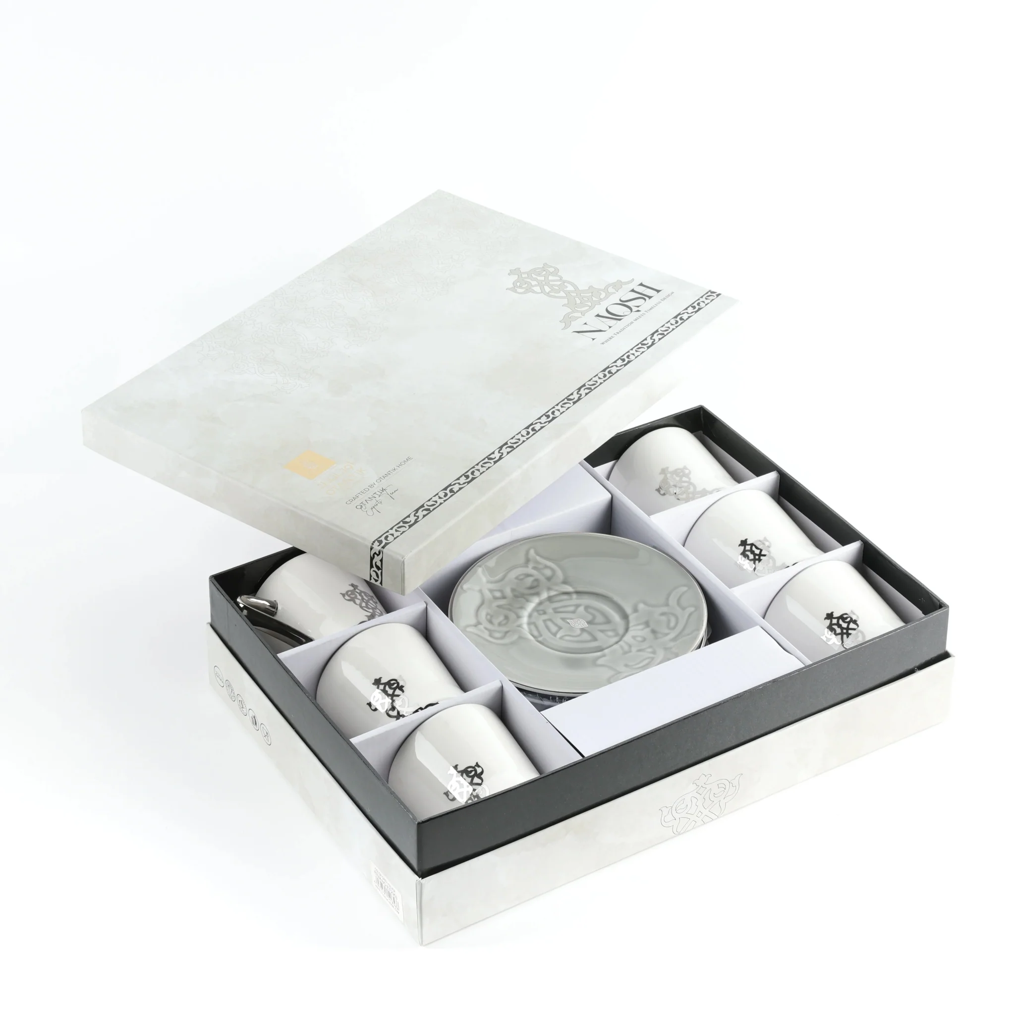 Otantik Naqsh 12pcs Porcelain Tea Set, 6pcs Cups 200ml + 6pcs Saucer, Grey/White/Silver, ET2953 - Image 4