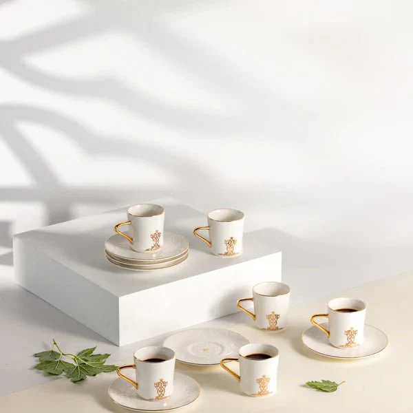 Otantik Naqsh 12pcs Porcelain Turkish Coffee Set, 6pcs Cups 80ml + 6pcs Saucer, White/Gold, ET2945