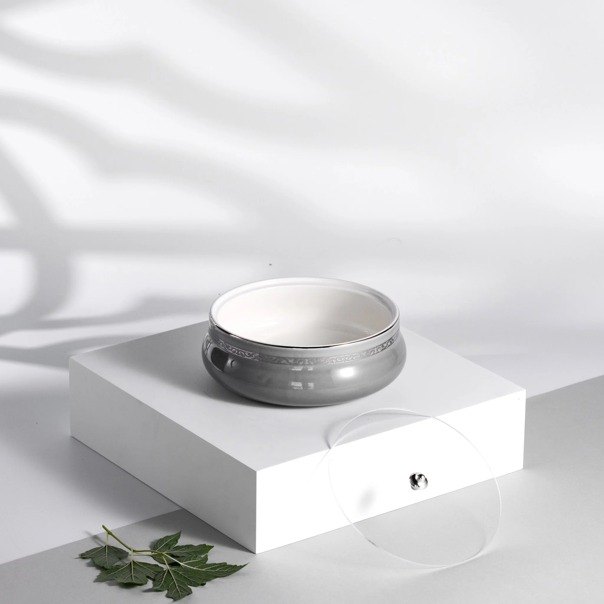 Otantik Naqsh Ceramic Dates Bowl with Lid 17cm*6cm, Grey/Silver- ET2978